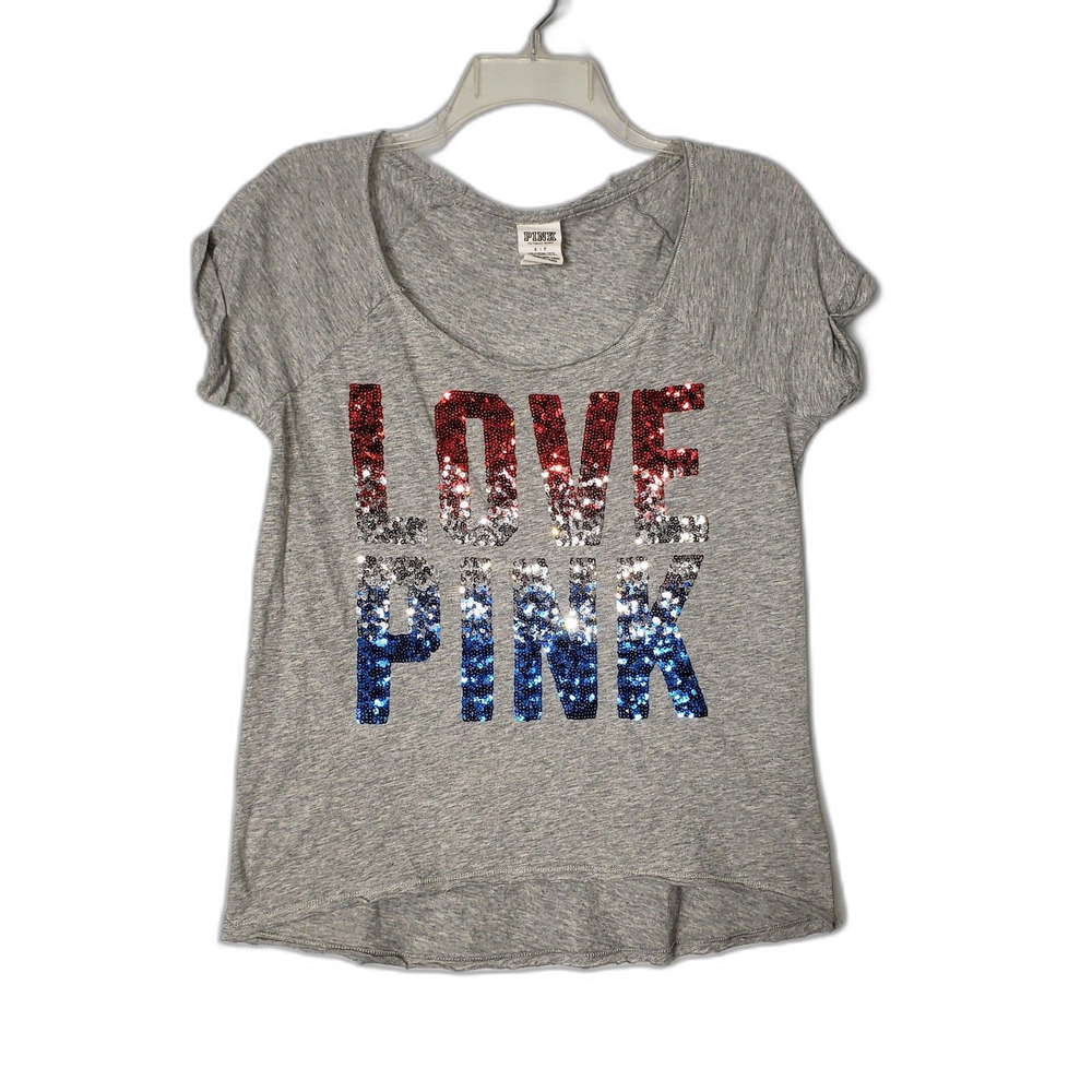 PINK Victorias Secret Love Pink Patriotic Sequin Gray T Shirt Womens Size Small